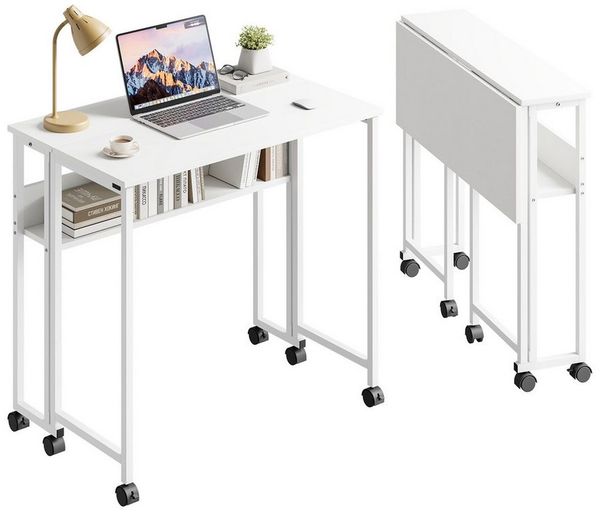 NAIMP Klapptisch Faltbar Schreibtisch Platzsparender Computertisch kleiner Tisch, mit Stauraum und Rollen