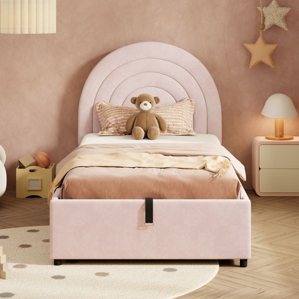 Polsterbett 90x200 cm mit Bettkasten, Samtbezug in Rosa, Lattenrost inklusive, ohne Matratze