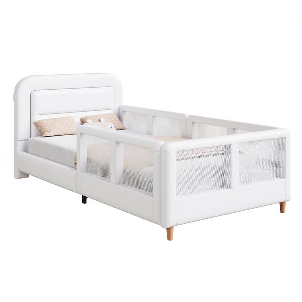 90 x 200 gepolstertes Plattformbett mit Sicherheitsgeländer, weiß