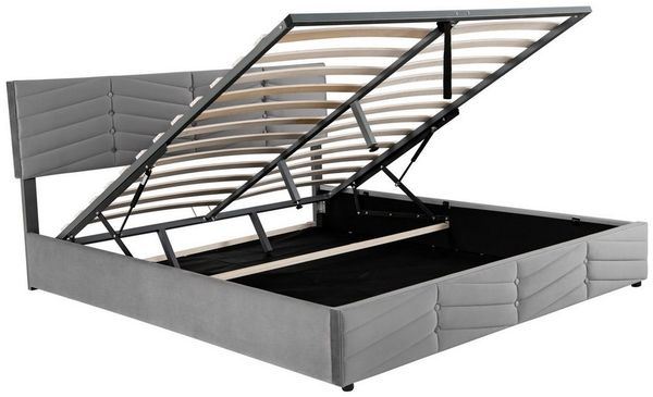 BlingBin Stauraumbett Polsterbett, Doppelbett (1er Set, 1-tlg, hydraulisches Funktionsbett,Samt,Streifen-Stil), Continentalbett,höhenverstellbares Kopfteil,180x200,grau