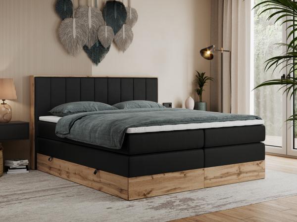 Boxspringbett BELLISSIMO KING, Doppelbett mit Multipocket-Matratze, Polsterbett mit Kopfstütze - 180 x 200 cm - Schwarz Kunstleder - H4