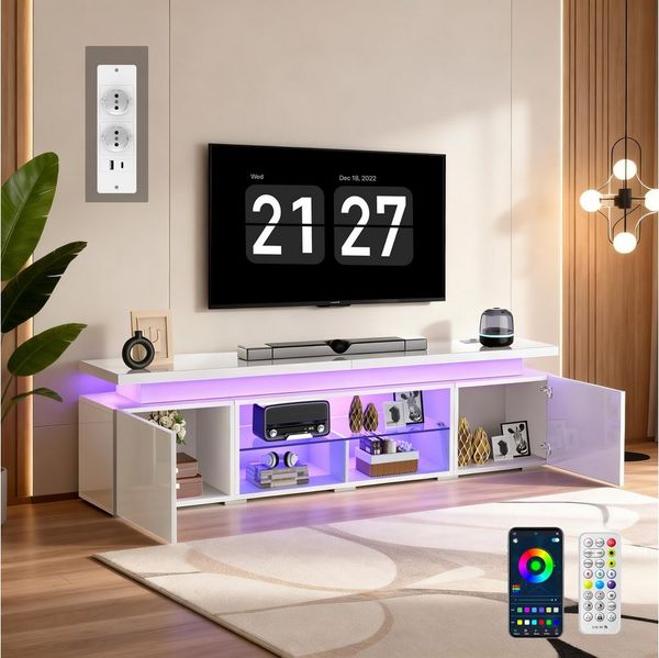 oyajia Lowboard TV-Schrank, Fernsehschrank mit RGB-LED und Steckdosen (für Fernseher bis 75 Zoll), TV-Schrank mit Mit 2 Türen, Regalen und viel Stauraum, 185x35x49cm