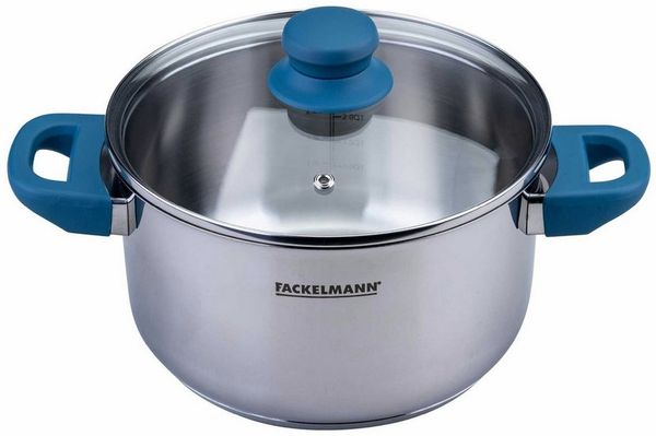 FACKELMANN Kochtopf Essential Ø 20 cm aus Edelstahl, ergonomische Softtouch-Griffe, modernes Design, für alle Herdarten geeignet, Blau