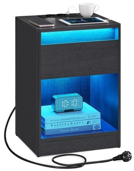 Vasagle Nachttisch mit einstellbarer LED-Beleuchtung, Beistelltisch mit Steckdosen, Schublade, 2 AC-Steckdosen, 2 USB-Anschlüsse, modern, für Schlafzimmer, Wohnzimmer, 35 x 40 x 55 cm, Schwarz