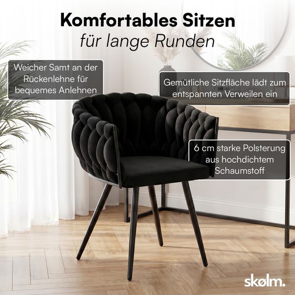 skølm 'Sudri' Esszimmerstühle, 6er Set, schwarz, gepolstert mit Samtbezug, höhenverstellbar, Schalenstuhl mit Armlehne, bis 120 kg belastbar Bild 7