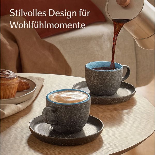 Cosumy Cappuccinotasse Cappuccino Tassen mit Untertassen 4er Set blau, 8-tlg, Keramik, Warm