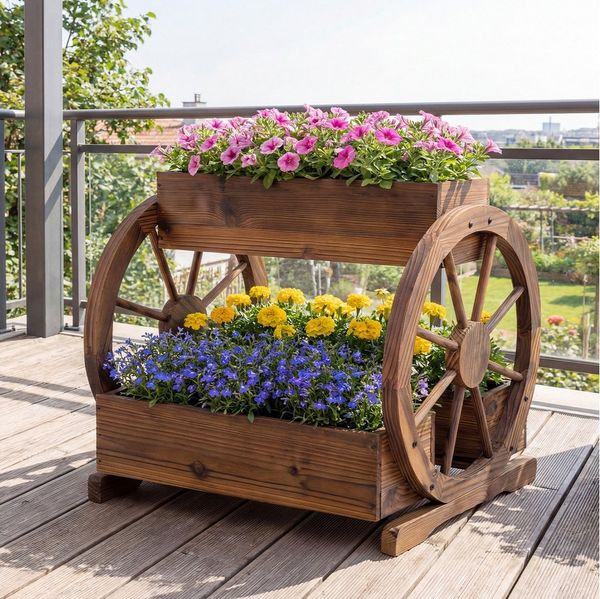 COSTWAY Blumenkasten, Pflanzkübel mit Wagenrad, 3 Pflanzkästen & Ablauflöchern