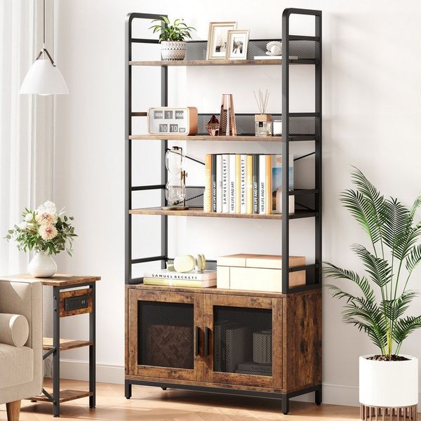 GarveeMore Bücherregal mit Lagerung,4 Schichten offenes Lagerregal mit 2 Türen,180cm, 180x80x30cm,hohes Bücherregal für Schlafzimmer,Wohnzimmer,Heimbüro