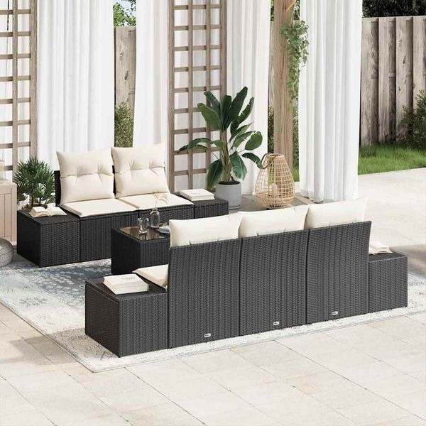 vidaXL Sofa Set mit Kissen Schwarz Poly Rattan 3346937
