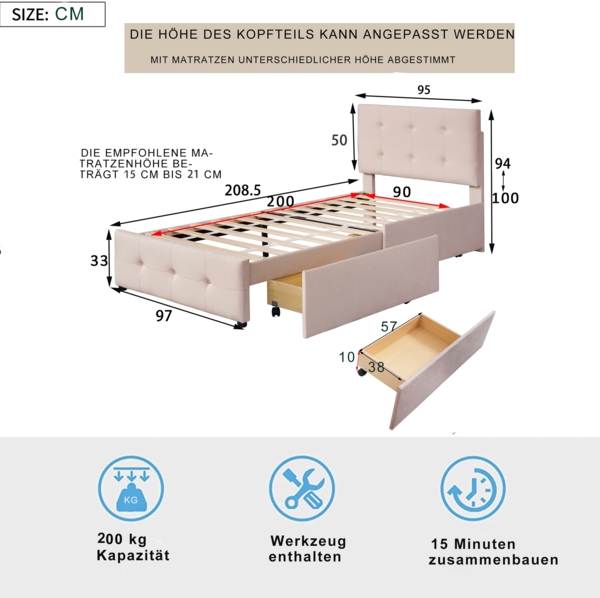Polsterbett 90x200 cm aus Samt mit Stauraum – klassisches Einzelbett mit Schublade und Lattenrost Bild 6