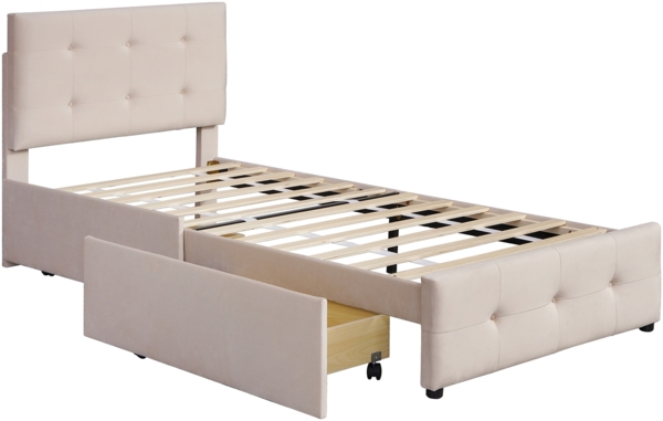 Polsterbett 90x200 cm aus Samt mit Stauraum – klassisches Einzelbett mit Schublade und Lattenrost Bild 8