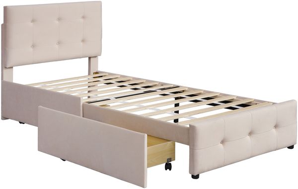 Polsterbett 90x200 cm aus Samt mit Stauraum – klassisches Einzelbett mit Schublade und Lattenrost Bild 8