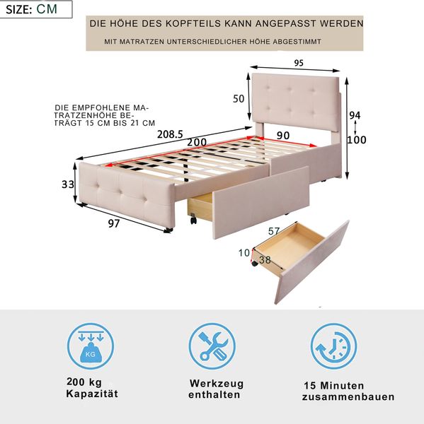 Polsterbett 90x200 cm aus Samt mit Stauraum – klassisches Einzelbett mit Schublade und Lattenrost Bild 6