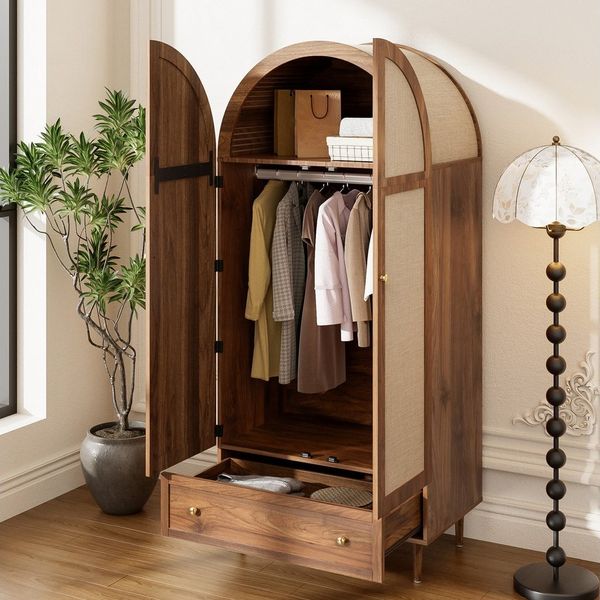 OKWISH Kleiderschrank stabile Holzfüße (Garderoben-Set, 1-St, Walnussoptik) Stofftüren, Schublade