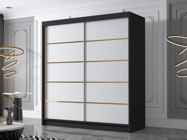 Kleiderschrank mit Goldverzierung Bajpra IV mit zwei Schwebetüren (Farbe: Schwarz / Weiß)