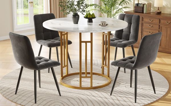 Esstisch 80x80x76 cm mit MDF‑Marmorplatte und goldfarbenem Metalllgestell, 4 graue Samtstühle, verstellbare Tischfüße,weiß und grau und glod