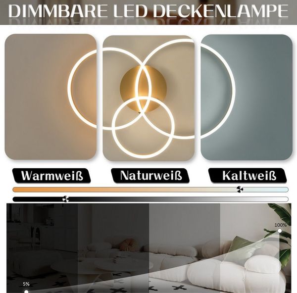 ZMH LED Deckenleuchte Dimmbar Schwarz/Gold Ringe Deckenlampe Modern 46/74W Wohnzimmer, Augenschutz, Einfache Installtion, LED fest integriert, 3000-6500K, Metall aus Acryl Schlafzimmerlampe mit Fernbedienung