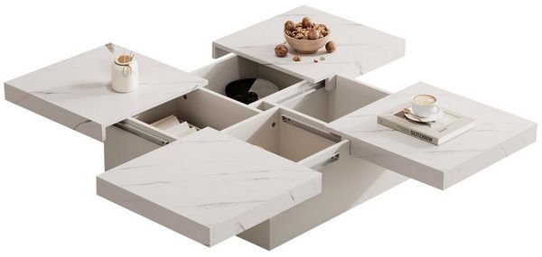 Merax Couchtisch mit versteckten Schubladen, Beistelltisch mit geometrische Design (4 versteckte Schubladen), Marmoroptik Wohnzimmertisch mit verschiebbarer Tischplatte, 90/90/25cm