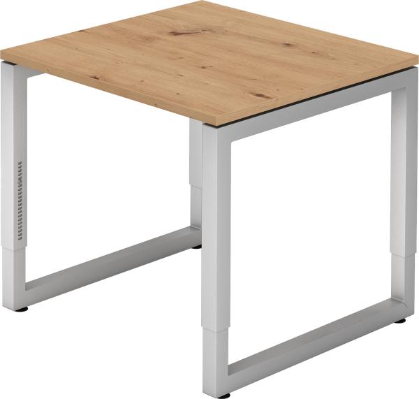 bümö höhenverstellbarer Schreibtisch R-Serie 80x80 cm in Asteiche, Gestell in Silber - PC Tisch klein für's Büro manuell höhenverstellbar, Computertisch verstellbar, RS-08-R-S