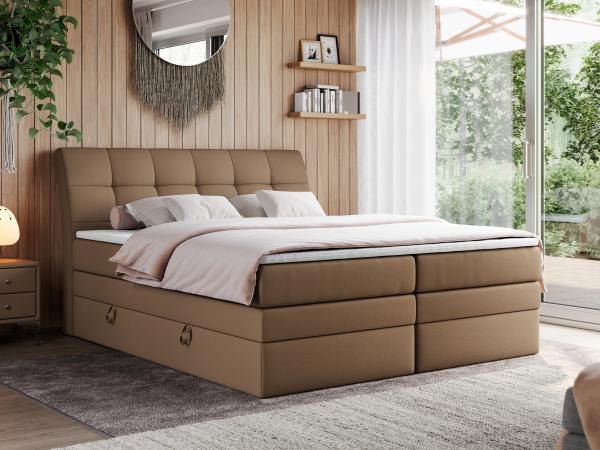 Boxspringbett, Stauraumbett, Bett mit Multipocket-Matratze und Topper - GOLD-10-KING - 140x200cm - Braun Kunstleder - H3