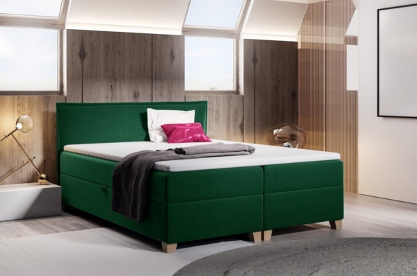 Boxspringbett Fren mit 2 Bettkästen - Doppelbett mit Bonell-Matratze und Topper, Polsterbett, Bett mit Holzfüße, Schlafzimmer (Dunkelgrün (Kronos 19), 140 x 200 cm)