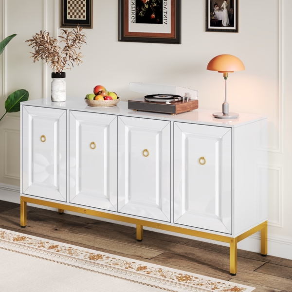Merax 140cm Sideboard, Hochglanz-Aufbewahrungselement, goldene Griffe und Beine