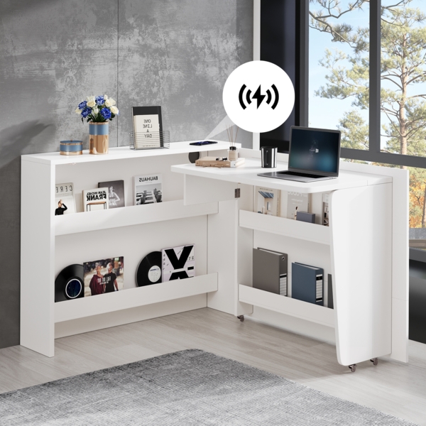 Merax Faltbarer Schreibtisch mit Rollen & Wireless Charger–Weiß Hochglanz–2-in-1 Sideboard & Arbeitsplatz, mit Regal & Anti-Kipp, Rollen mit Bremse-Schreibtisch