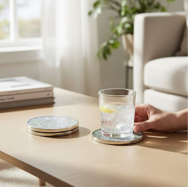 Macosa Home Getränkeuntersetzer Untersetzer 4 Stück rund Metall Holz 10 cm Blau Grau od. Grün, Untersetzerset Mosaik Optik, Glasuntersetzer Tischuntersetzer Getränke