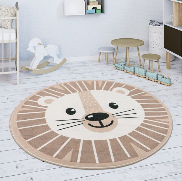KADIMA DESIGN Kinderteppich waschmaschinenwaschbar Löwe Kinderzimmer Kinderteppich, Rund, Höhe: 4 mm, 100% Polyester, Rücken aus Felt + Dots, Rund, 80Dcm, Beige