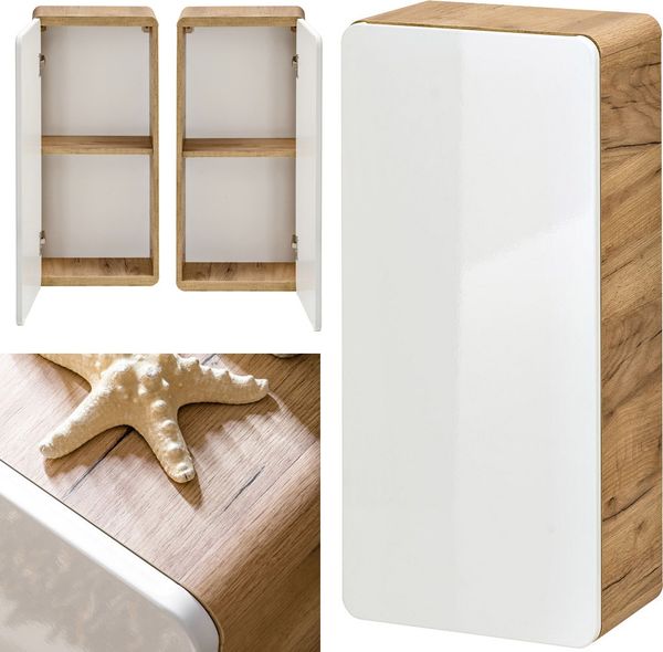 Badezimmer Hängeschrank LUTON-56, Hochglanz weiß, Wotan Eiche Nb, B/H/T ca. 35/75/22 cm Bild 8