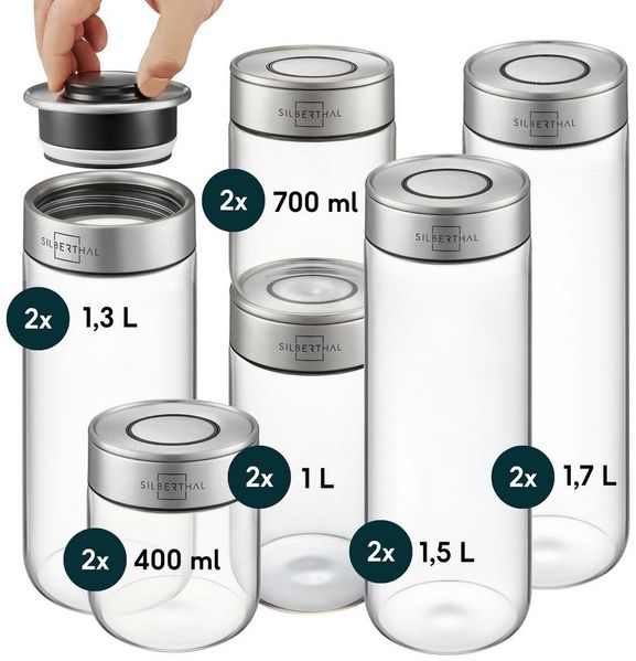 SILBERTHAL Vorratsglas 12 Set, Vorratsdosen mit Klickdeckel, Glas, Edelstahl, (12er Set Mix, 12-tlg), Luftdicht & Mottensicher
