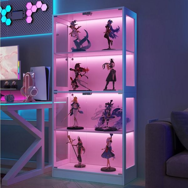 Flieks Glasvitrine Eckvitrine mit LED-Beleuchtung und 4 Glastüren (80 x 35 x 170 cm, 1-St) Standvitrine Eckschrank Hochschrank Sammlervitrine mit 4 Fächern Weiß