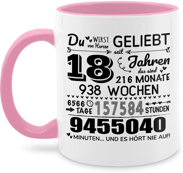 Shirtracer Tasse Endlich 18 - Du wirst von Herzen geliebt, 18. Geburtstag, Besondere, Keramik, 18. Geburtstag Tasse