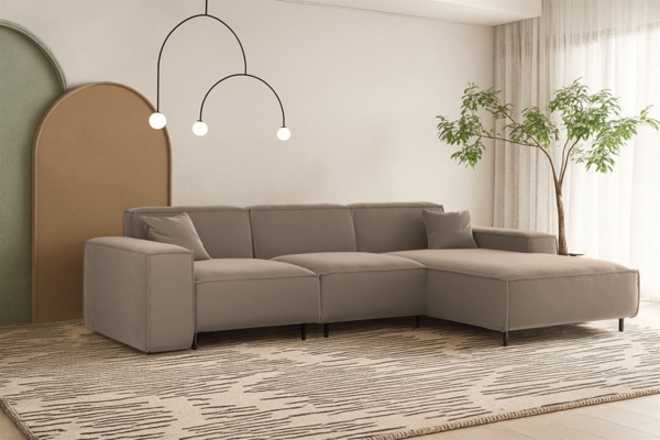 Ecksofa Designersofa GLORIA in Stoff Tiffani Taupe Ottomane Rechts