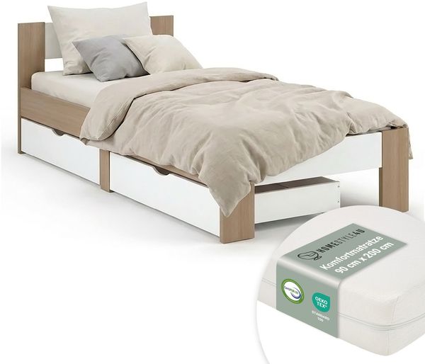 Holzbett 90x200 mit Matratze 2 Bettkästen Bett Eiche Braun Weiß Holz Bettgestell Jugendbett Einzelbett