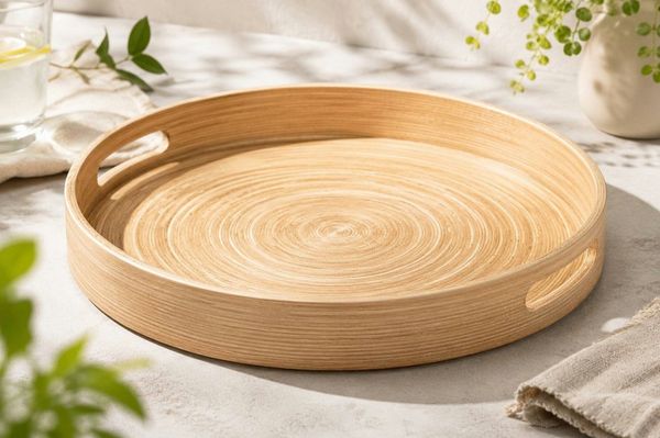 Koopman Tablett Serviertablett Dekotablett Tragetablett 34x4 cm Holz, Holz, (Stück, 1-tlg, Packung), hoher Rand, Rund, Tragegriffe, Naturmaterial