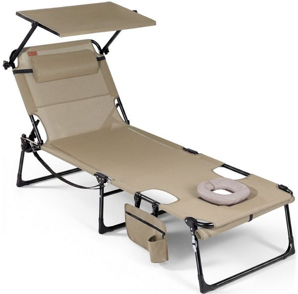 HOMECALL Gartenliege Sonnenliege mit Gesichtsöffnung und Sonnendach, klappbarer Liegestuhl, bis180 kg 200x70 cm 4-Fach verstellbare Rückenlehne, 1 St, für Garten, Strand und Camping