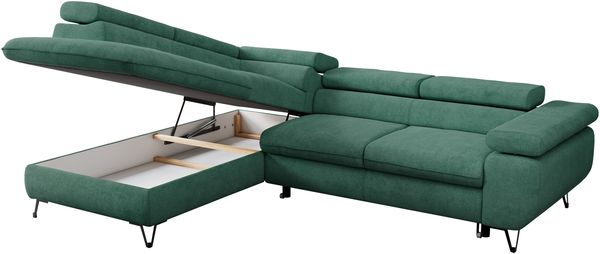 Mks Möbel 'Peter L-form' Ecksofa mit Bettfunktion, Bettkasten & einstellbaren Kopfstützen, Grün, Stoff, links Bild 5