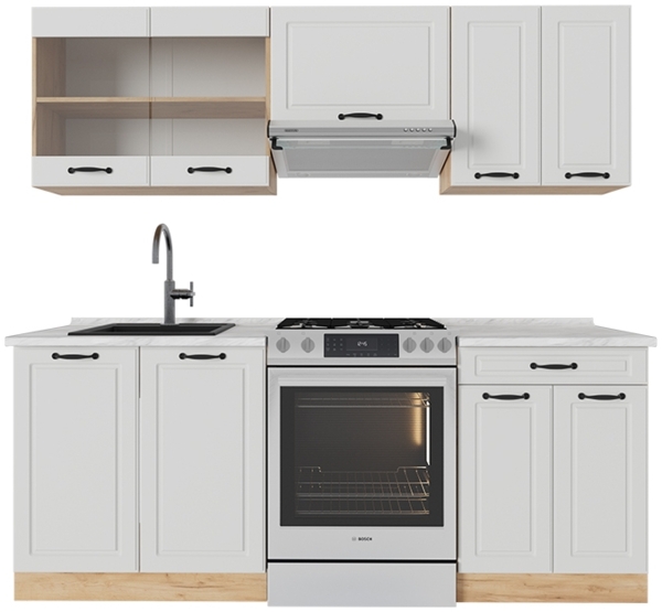 Küchenzeile R-Line Weiß Landhaus/Goldkraft Eiche 200 cm , AP Marmor Vicco