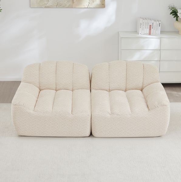 2-Sitzer Sofa 79cm×210cm×104cm modular in Muschelform – rahmenloses Wohnzimmer-Sofa aus Granulat-Fleece in Beige-Weiß
