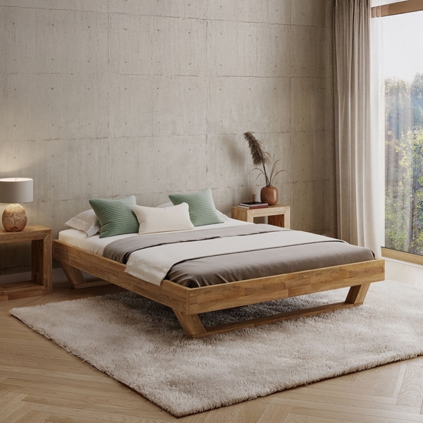 skølm 'Nornir' Bett 160x200 cm, Bettgestell, natur geölt, Massivholzbett aus Eiche mit Holzkufen, Doppelbett ohne Bettkopf