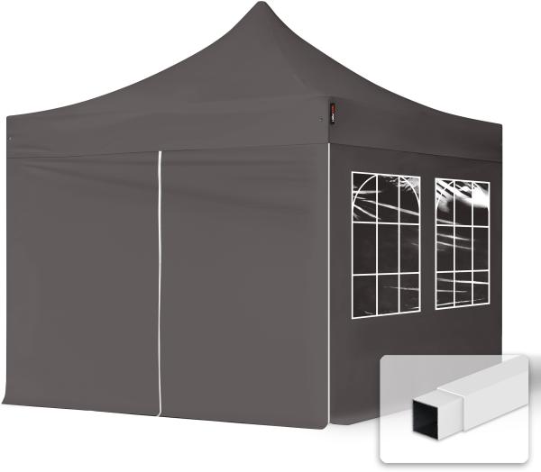 3x3 m Faltpavillon, ECONOMY Stahl 30mm, Seitenteile mit Sprossenfenstern, dunkelgrau