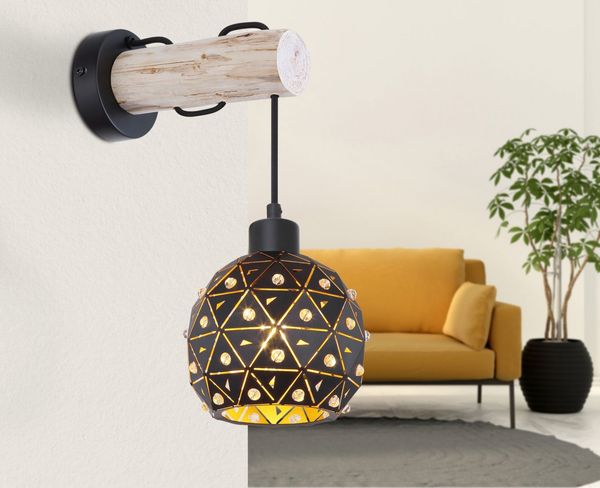 Wandleuchte, Holz, Kristall-Deko, Schwarz, H 40 cm
