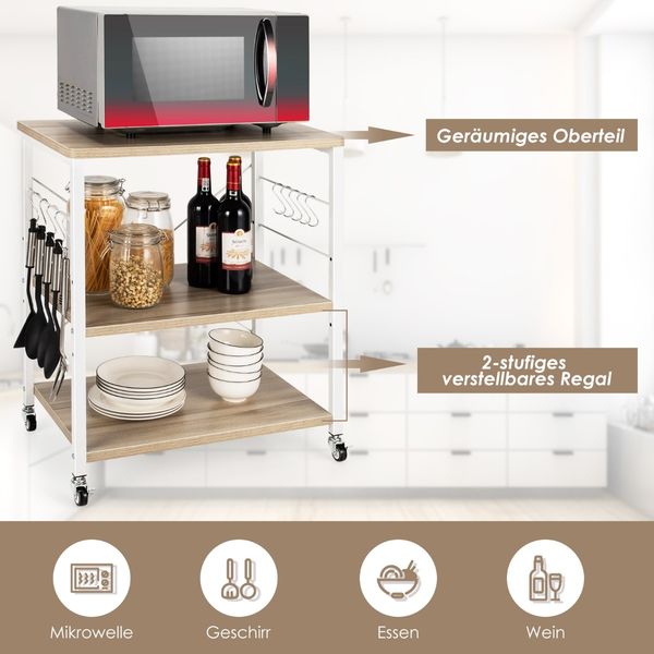 3 Ebenen Servierwagen Rollwagen mit Verstellbarer Ablage & 10 abnehmbaren Haken 60 x 40 x 73 cm Natur