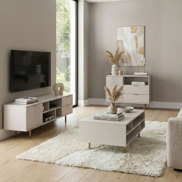 Lomadox Wohnzimmer-Set NADOR-132, (Mega-Spar-Set, 3-St, Couchtisch Lowboard Kommode), Kaschmir mit goldfarbenen Metallgriffen und -füßen, Front Rillenoptik