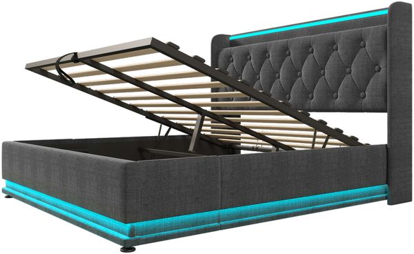 Polsterbett 90×200 cm aus Leinen-Stoff mit 360-Grad-LED-Beleuchtung und Matratze, grau Bild 6