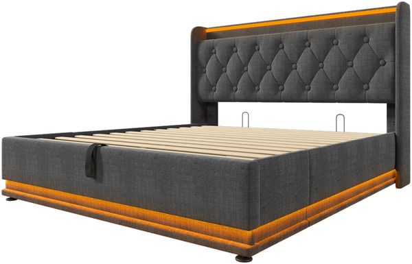 Polsterbett 90×200 cm aus Leinen-Stoff mit 360-Grad-LED-Beleuchtung und Matratze, grau Bild 8