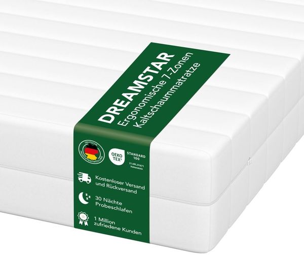 DREAMSTAR Simple Flex Duo 7-Zonen Matratze 90x190 cm | H2&H3 | Ergonomische Kaltschaummatratze | Hypoallergen & Antibakteriell | Bezug abnehmbar & waschbar | Öko-TEX® | (17cm, 90x190 cm)