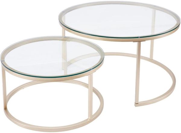 Couchtisch 2er Set Gold Glas Metallgestell Beistelltisch rund Wohnzimmer