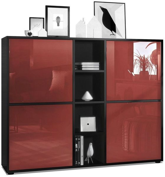 Vladon Highboard Cuba V3, Schwarz matt/Bordeaux Hochglanz - Moderne Anrichte mit 12 Fächern (130,5 x 105,5 x 35,5 cm)